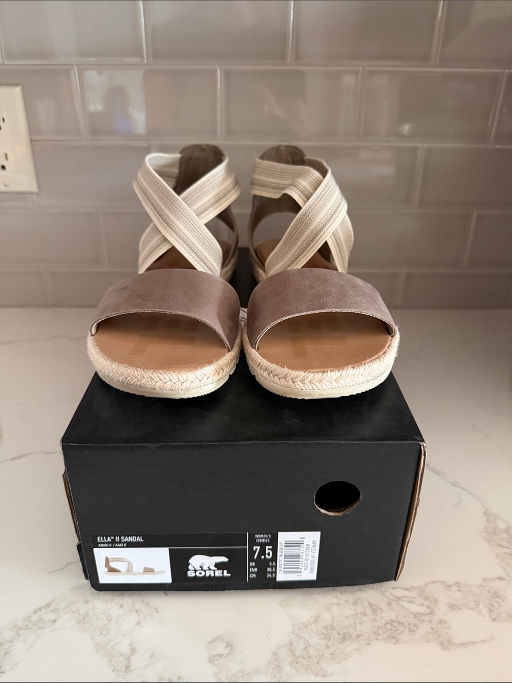 Sorel Ella II Espadrille Wedge in Taupe and Cream Straps